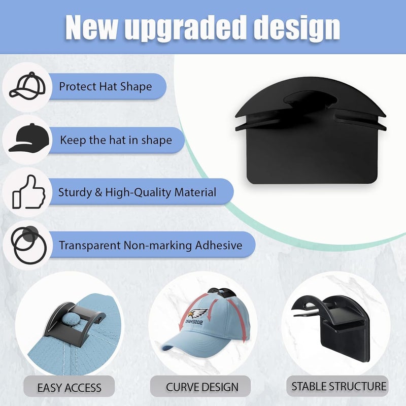 BRATEAYA Adhesive Hat Hooks for Wall– Extra Large Hat Rack for Baseball Cap, Ball Cap Holder for Home Decor, Hat Organizer No Drilling for Walls/Closets, Double Hanging & Minimalist Display, 10 PACK (Black) - Image 3